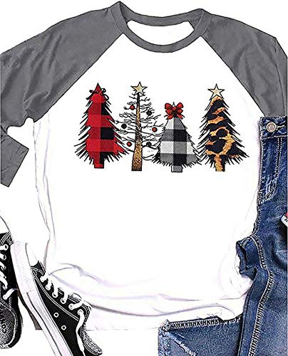 Merry Christmas Plaid Leopard Printed Tree Baseball T-Shirt Womens Casual 3/4 Sleeve Letter Print Graphic Tees (Grey, L)