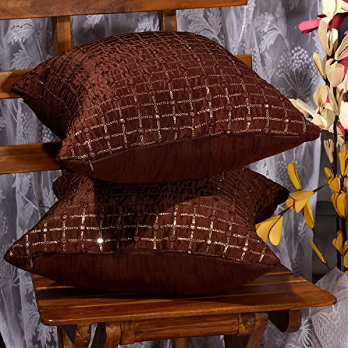 Image of Brown Embroidered Cushion Covers 16x16 inches Set of 2 | Sequin Cusion Covers | Decorative Cushion Covers with Mirror Work | Brown Cushion Cover