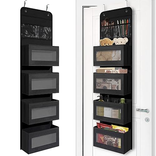 Over Door Organizer with 4 Large Capacity Pockets, Hanging Organizer Storage for Closet Bathroom Nursery Bedroom Dorm, Toys Cosmetics Sundries and Baby Essentials, Black