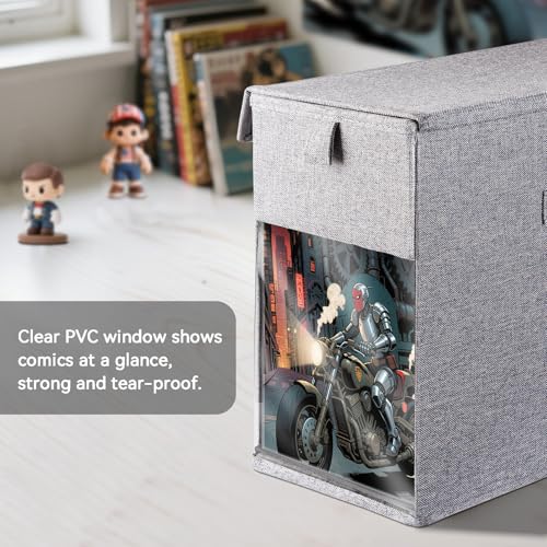 Image of 3 Pack Comic Book Storage Box with Lid, Collapsible Magazine Organizer with Clear Window, Heavy Duty Case Container Holder, Grey