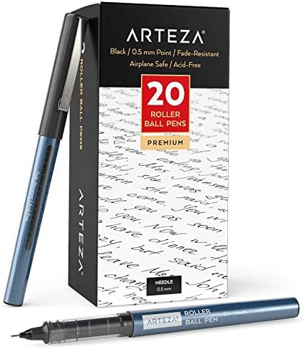 ARTEZA Rollerball Pens Fine Point, Set of 20 Black Liquid Ink, Extra Fine 0.5 mm Needle Tip Pen, Make Precise Lines, Office Supplies for Writing, Notetaking, and Drawing