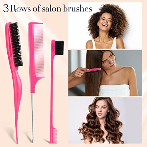 3 Pcs Hair Styling Comb Set 3 Row Salon Teasing Hair Brush Edge Brush, Double Sided Hair Edge Brush Smooth Comb Grooming For Edge And Back Brushing, Combing, Slicking Hair For Women (Rose Red) #TOP3