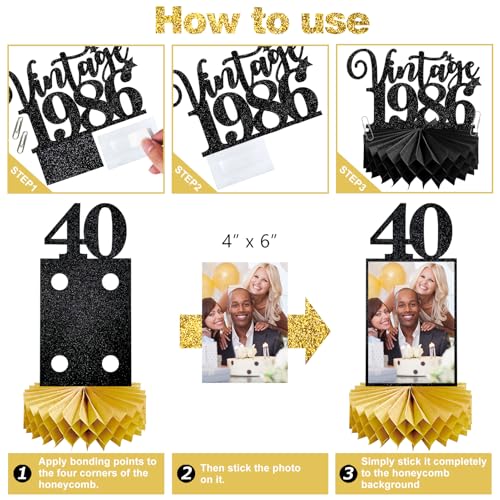 Image of Eucutur 8Pcs 40th Birthday Decorations Honeycomb Centerpieces for Women Men, Black Gold Vintage 1986 40th Bday Photo Table Centerpieces Party Supplies, Glitter Cheers to 40 Year Old Bday Table Topper