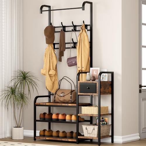 OPULENTHOME Porte-manteau avec banc, Porte-manteau avec étagère à chaussures, rangement à 3 niveaux, 1 tiroir et 8 crochets, pour couloir, entrée (Marron...