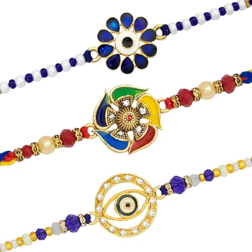 Image of Canton Rakhii With Chocolate Gift Combo, Pack of 3 Designer Rakhi For Brother With Chocolate Gift, Roli & Greeting Card (Design-6, Rakhi With Choco)