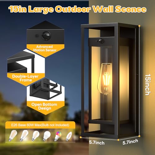 Image of 15in Motion Sensor Outdoor Wall Sconce Exterior Lighting Fixture