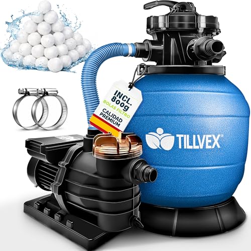 tillvex Depuradora de Agua para Piscina 10 m³/h + 800g Bolas de Filtro - 7 Funciones de Filtrado - Bomba de Filtro de Arena con Válvula (Azul)