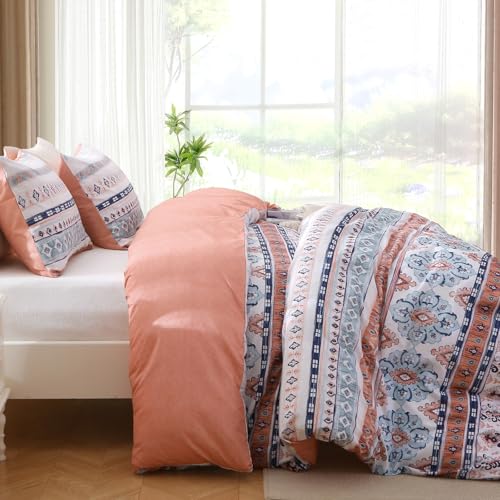 MUXHOMO Duvet Cover King Size, Reversible Floral Vintage Duvet Cover Set with Zipper Closure, 3 Pieces Botanical Patterns Soft Microfiber Bedding Set (90"x104", 2 Pillow Cases 20"×36", Boho Pink)