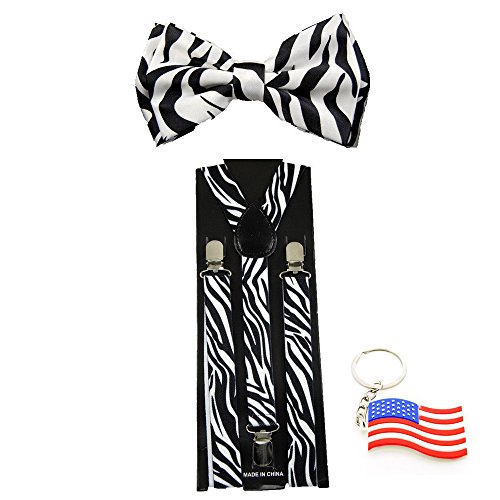 Suspender & Bowtie White Zebra Y-Back Clip on Adjustable Free USA Keychain