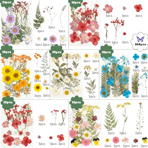 Image of 203 Pcs Dried Pressed Flowers for Resin Crafts, Real Natural Pressed Flowers and Leaves Kit Butterfly Stickers Vacuum Sealed Dry Flowers for DIY Epoxy Resin Jewelry Molds, Candle Soap Making, Nail Art