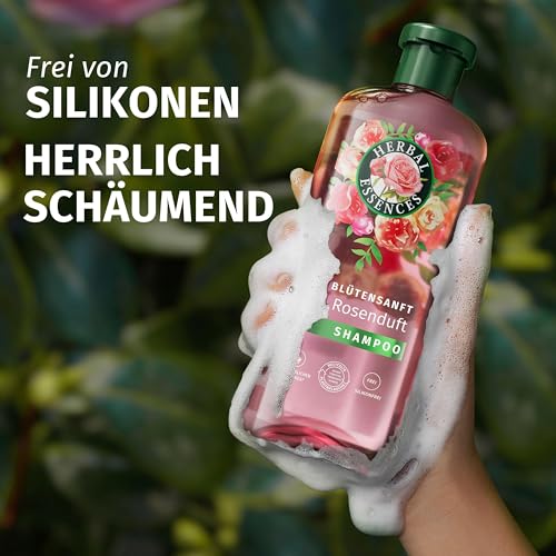 Herbal Essences Blütensanft Shampoo mit Rosenduft 350ml. Von stumpfem Haar zu seidig glänzendem Haare, Mit Rosenessenz, Inhaltsstoffe natürlichen Ursprungs, Vegan, ohne Silikone