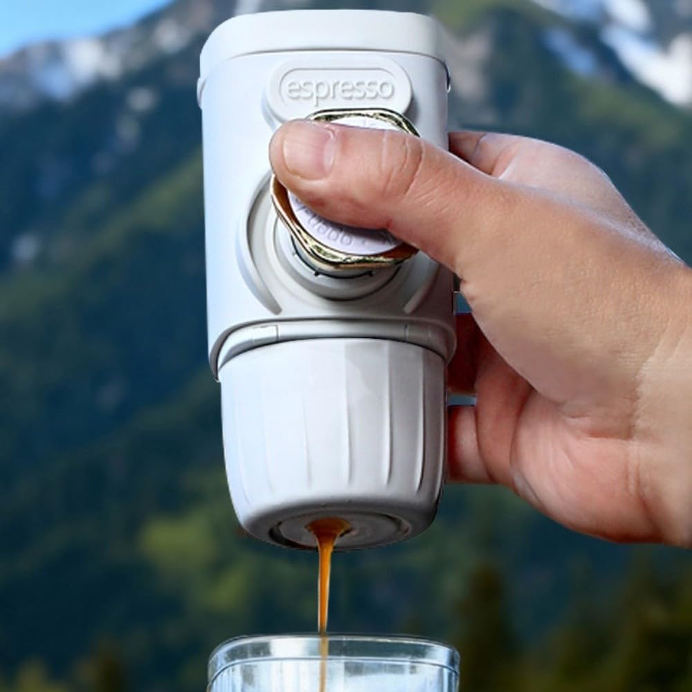 Przenośny ręczny ekspres do kawy mielonej i kapsułek, ciśnieniowa pompka ręczna 15 barów, ze zbiornikiem na wodę 100 ml, na podróż, kemping, na zewnątrz, czarno-biały (biały)