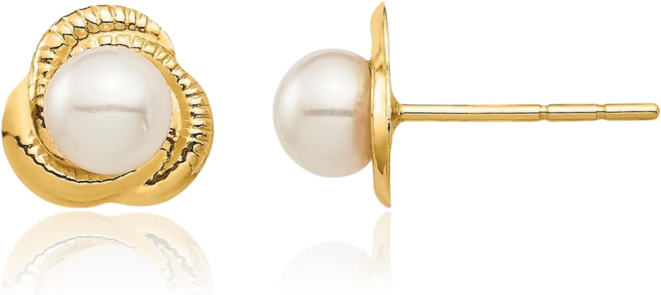 IceCarats 14K Solid Yellow Gold 4mm Freshwater Pearl Large Stud Earrings Prong Set, Butterfly Back For Her