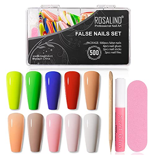 ROSALIND Long Press On Nails Gloss Fake Nails 500pcs Colorful Coffin False Nails Set 10 Colors Full Cover Acrylic Nail Tip Kit With 4pcs Glue on Nails, 2pcs Nail Sticks and 2pcs Nail Files