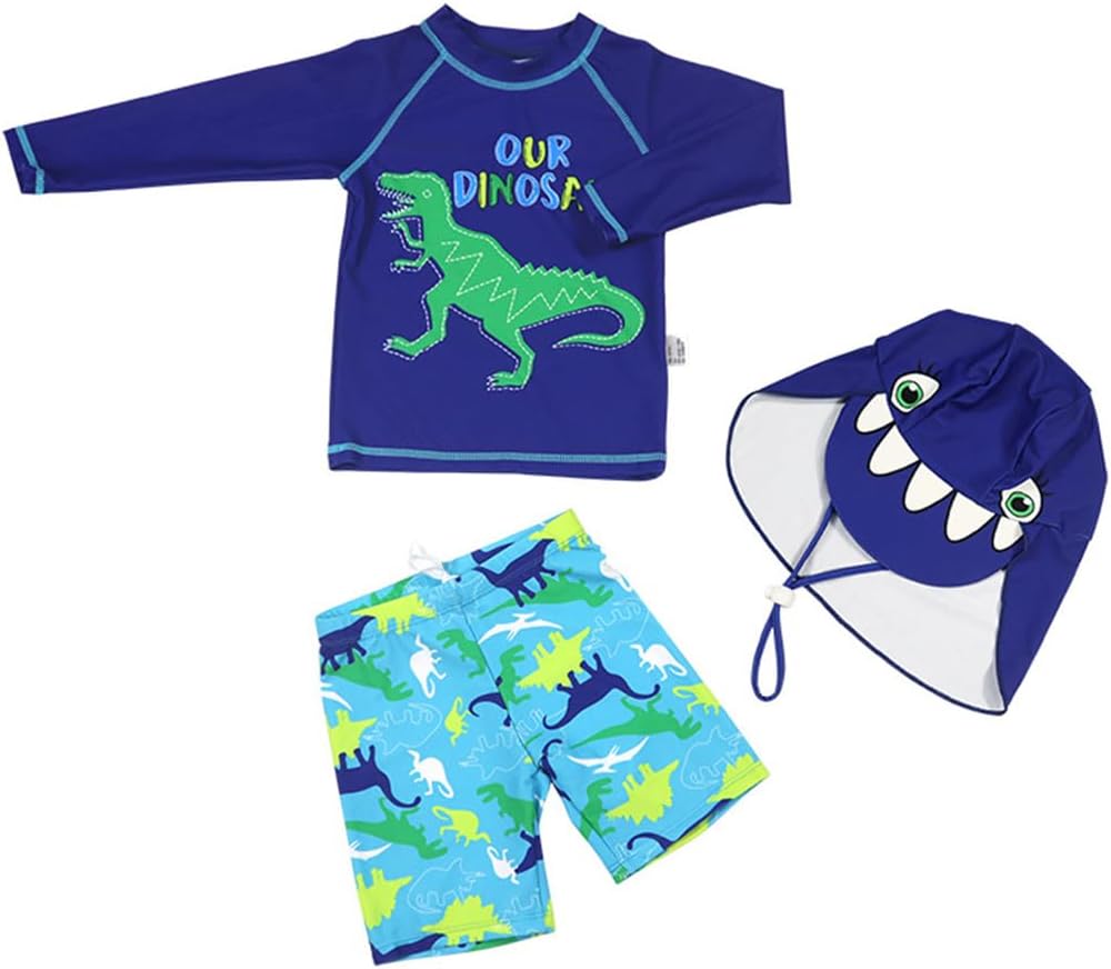 Boy Two Pieces Swimsuit Rash Guard Sets Sun Hat Navy Dinosaur Print UPF 50+ Bathing Suit Swimwear