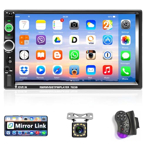 Podofo Radio de Coche con Bluetooth 2 DIN, 7 Pantalla Táctil Estéreo Autoradio con Control Remoto, Bluetooth, Radio FM, Enlace Espejo, USB, TF, AUX, 12 Luces Cámara de Respaldo