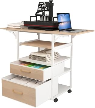 Movable Heat Press Table with Storage Drawers - Locking Wheels, Foldable Heat Press Stand with Pull-Out Tray for Home Business, Custom T-Shirt Design White