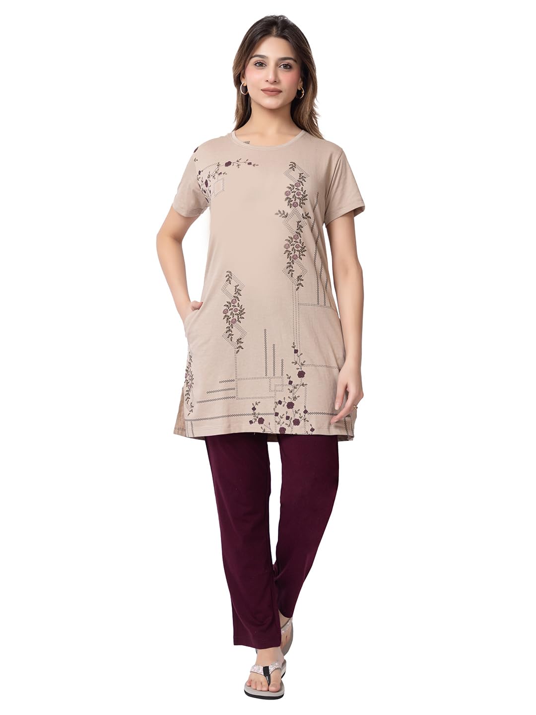 lady leaf Summer Wear Everyday Wear Casual Wear Nightwear Wear Self Design Half Sleeve Round Neck Pure Cotton Women Night Suit (330 Beige)-picture-31