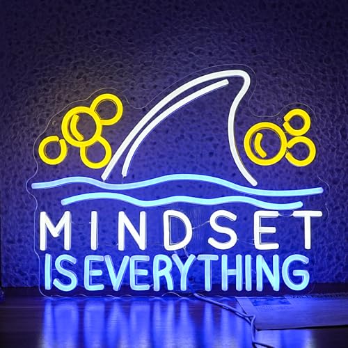 Image of Mindset is Everything Neon Sign Led Fish Shark Neon Light Up Sign Dimmable Inspirational Neon Wall Decor sign for Classroom Office Bedroom School 16.5 * 12.6 IN