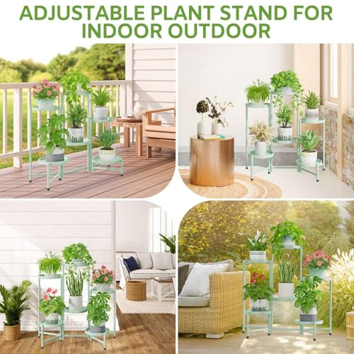 Image of iDavosic.ly 6 Tier Large Plant Stand Indoor, 10 Inch Wide Tall Corner Metal Plant Stands Outdoor for Multiple Plants, Folding Tiered Flower Display Holder Rack Shelf, Light Green