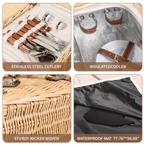 Image of Multifunctional Wicker Picnic Basket Set for 4 Blanket Family Folding Wine Table,Insulated Portable Extra Big Storage Capacity Natural Woven Rattan Canasta De Full Tablewares Camping Outdoor Flowers