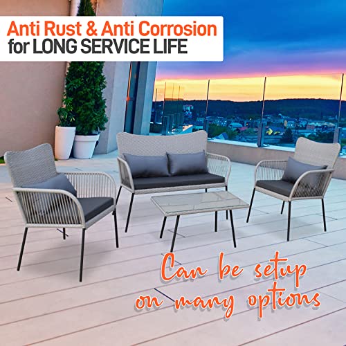 SereneLife 4 Piece Conversation/Chat Set, Outdoor Living Rattan Furniture, Includes 1 Double & 2 Single Chairs with Cushion & 1 Glass-top Coffee Table (Light Grey)