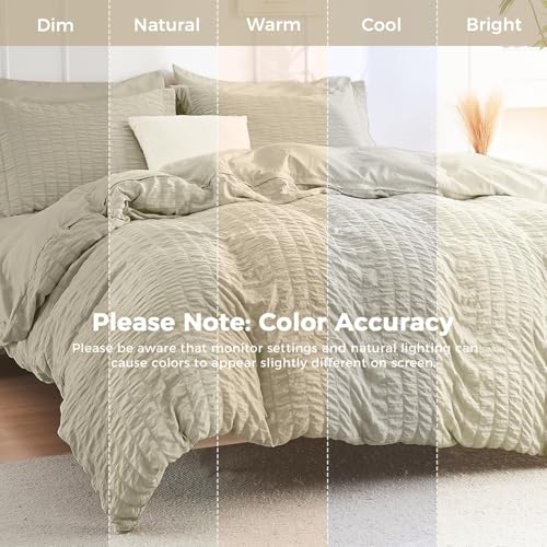Image of HYMOKEGE Light Linen Full Size Comforter Sets Seersucker 7 Pieces, All Season Luxury Bed in a Bag for Bedroom, Bedding Set with Comforter, Sheets, Pillowcases & Shams