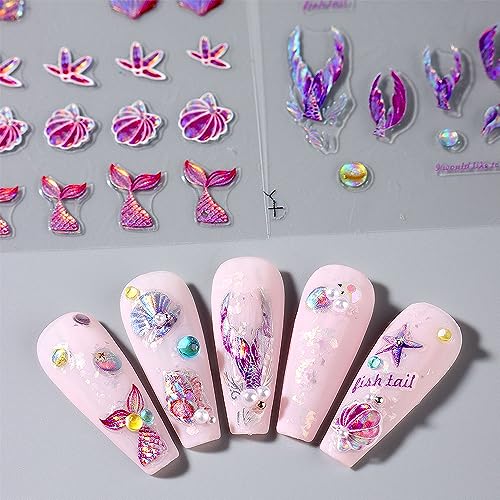Jaliya JLA0182 5D Dreamy Mermaid Tail Nail Stickers Summer Nail Decals 5D Embossed Laser Mermaid Nail Art Stickers Sea Wave Fishtail Shellfish Starfish Nail Design Stickers Self Adhsive Ocean Stickers thumb #6