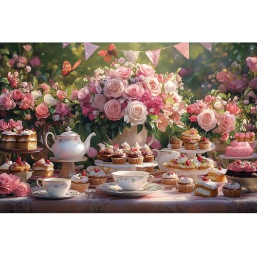 Tea Party Backdrop 10x5ft Dessert Cake Table Flower Photography Background