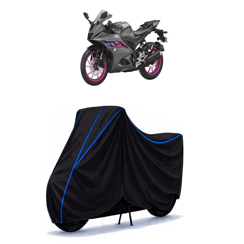 Image of YZF-R15 V3 New BS6 Bike Cover Water Resistant Universal Motorcycle Rain | Heavy Duty UV Protection, Dust, Scratch Indoor Outdoor All Weather with Black Blue Piping Elastic