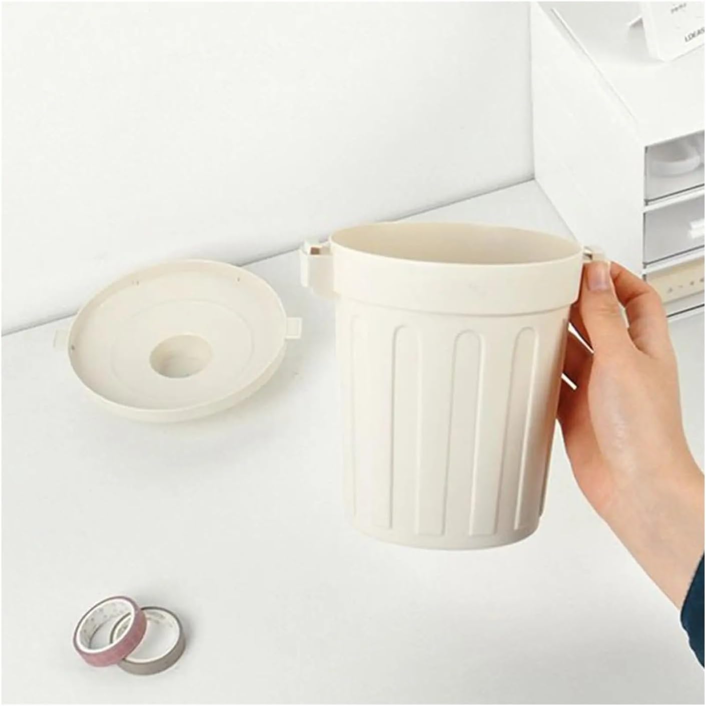 Tiny Trash Can Compatible For Desk Small Lidded Garbage Bin Garbage Cans Compatible For Bathroom Kitchen Bedroom Offices Dorm Room Car Indoor(Gray)