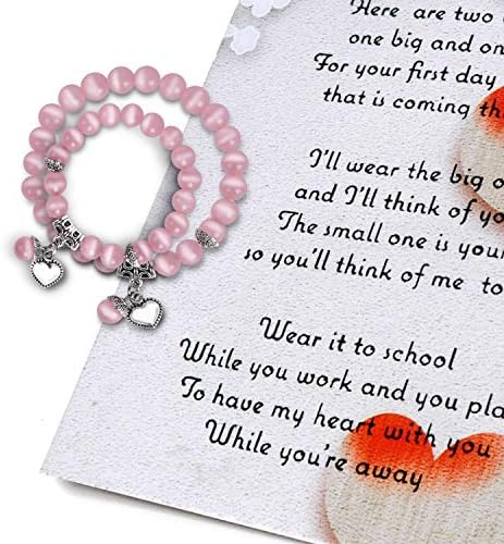 ORIENTAL CHERRY Back to School Gifts - First Day of School Mommy & Me Bracelets with Poem Card - Mother Daughter Matching Heart Bracelets Set for 2 - Anxiety Seperation Present Preschool Kindergarten