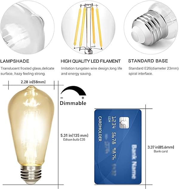 NOTOC Dimmable Vintage Edison Bulb 4W,Equivalent 40W Incandescent,ST18 Antique LED Filament Bulbs,2700K Warm White 450 Lumens,E26 Led Bulb,Pack of 6 by NOTOC - Used condition - Image 2