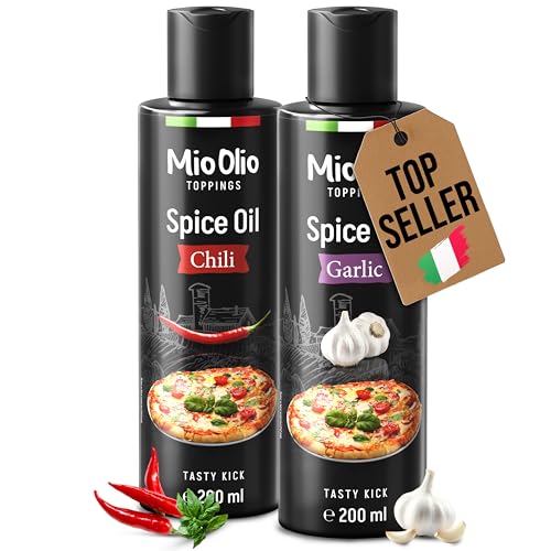 MioOlio Gewürzöl Set – 1×200 ml Knoblauchöl & 1×200 ml Chiliöl – aromatisiertes Öl zum Kochen, Braten & Verfeinern – praktischer Dosierer – für Pasta, Pizza, Fleisch, Fisch & Gemüse