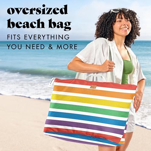 Image of Fit & Fresh XL Beach Tote Bag for Women - XL Travel Tote with Zipper & Pockets, Oversized Canvas Pool Bag, Weekender Carry-On