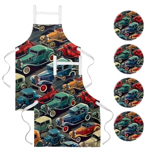 Lot de 2 tabliers de cuisine voitures rétro avec 4 broches pour bar et bistrot