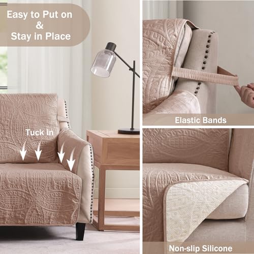 Image of Loveseat Covers for 2 Cushion Couch, Water-Repellent Slip Covers for Sofa, Machine Washable Love Seat Quilted Couch Covers, Pet Friendly Loveseat Slipcovers (Loveseat 48 inch, Dusty Pink)