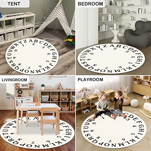 47 Inch Round Kids Rug Abc Nursery Rugs For Playroom Bedroom,4Ft White Circle Rugs With Storage Basket For Classroom,Cream Baby Play Mat With Carpet Gripper #TOP6