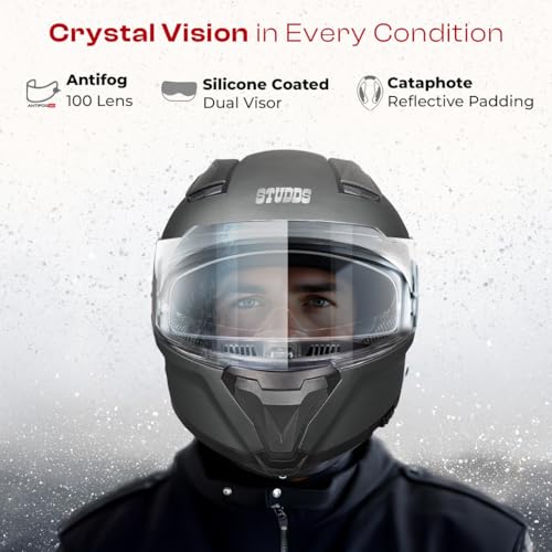 Image of STUDDS Helios ISI and DOT Certified Full Face Helmet with Antifog 100 Lens, Sporty Spoiler (MATT Gun Grey - L)