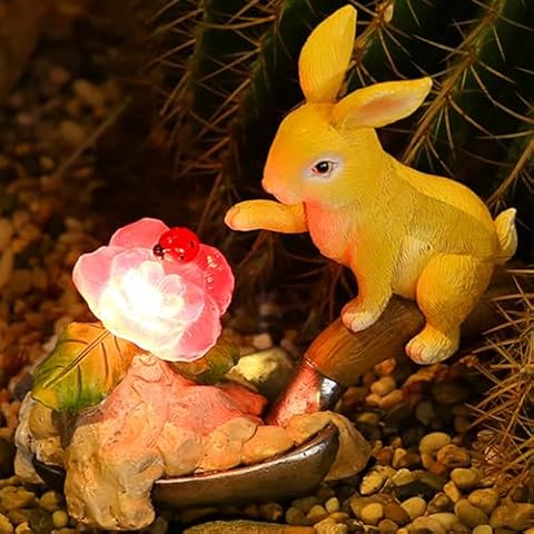 XXMANX Solar Rabbit Figurine,Outdoor Flower Statues Patio Decor,Garden Trowels Sculpture LED Lights,Women Daughter Mother'Day Art Housewarming Gifts for Porch Balcony Lawn Yard Backyard Decoration Cover