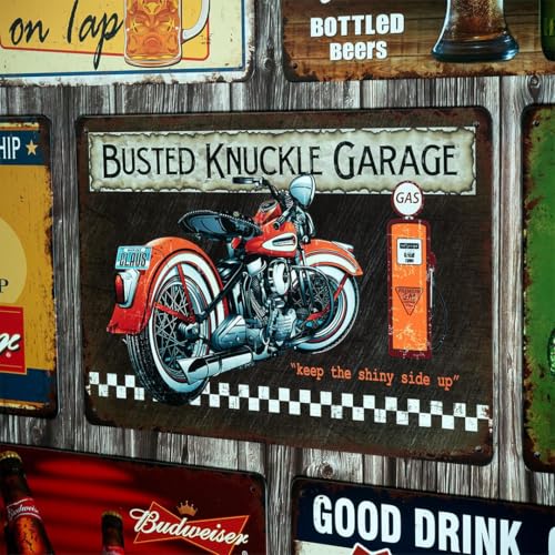 Image of Decorative Retro Metal Signs Wall Plate - 12x8 Inch (Bust Knuckle Garage) | Weatherproof Vintage Metal Sign Plate for Cafe, Home, Bar, Garage | Decorative Wall Hanging Sign Board