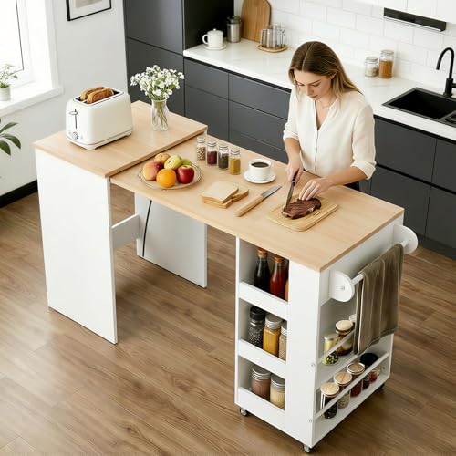 EROMMY Extendable Kitchen Island on Wheels with Storage, 52\'\' Pull-Out Rolling Kitchen Island Cart with Breakfast Bar, Towel Rack, Spice Rack Shelf and Mobile Portable Islands for Dining Room (White) - Thumbnail 6