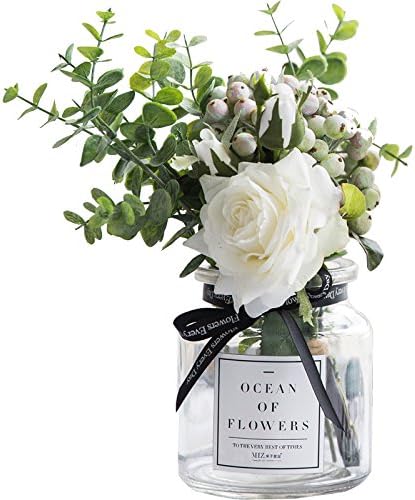 Ins Style Vase with Artificial Flower Set 1 Piece Fake Rose Berry Leaf Floral Flower Arrangement Glass Rose (White S)