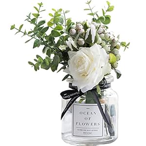 Ins Style Vase with Artificial Flower Set 1 Piece Fake Rose Berry Leaf Floral Flower Arrangement Glass Rose (White S)