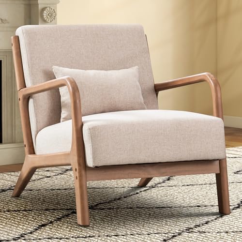 EBELLO Living Room Armchair Modern Accent Chair with Solid Wood Frame High Back Upholstered Reading Chair with Waist Cushion Lounge Chairs for Living Room Bedroom Balcony Beige