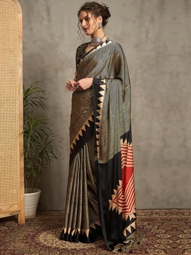 Image of AKHILAM Women's Pure Crepe Striped Printed Saree With Unstitched Blouse Piece