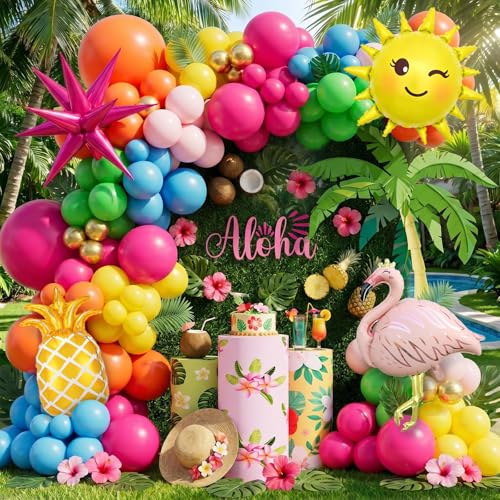 Flamingo Tropical Luau Balloon Arch Garland Kit Hot Pink Green Yellow Blue Orange Gold Hawaiian Flamingo Pineapple Foil Balloons Palm Leaves for Summer Beach Aloha Pool Birthday Party Decorations