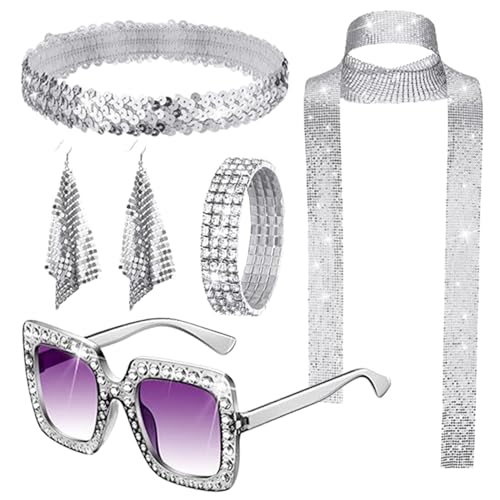 Joyería de discoteca – Collar de declaración de los años 70, aretes con purpurina, juego de declaración brillante, accesorios de disfraz de fiesta de baile de los años 70, accesorios de moda retro