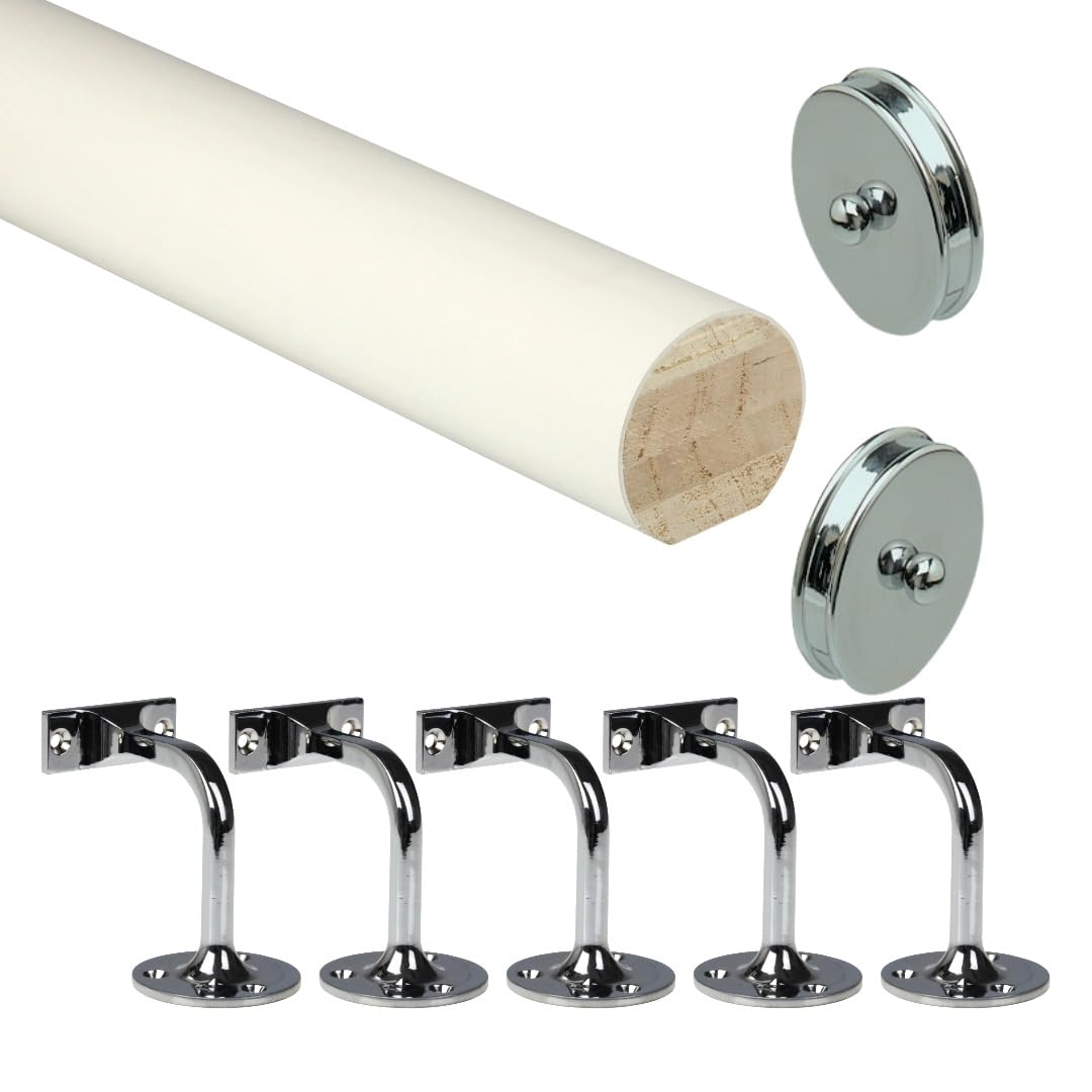 Jackson Woodturners Primed Mopstick Handrail Kit Ready to Paint with Chrome Brackets & Slim End Caps – Stair Handrail Set 1.8m 2.4m 3.6m 4.2m (4200mm + 5 Wall Brackets)