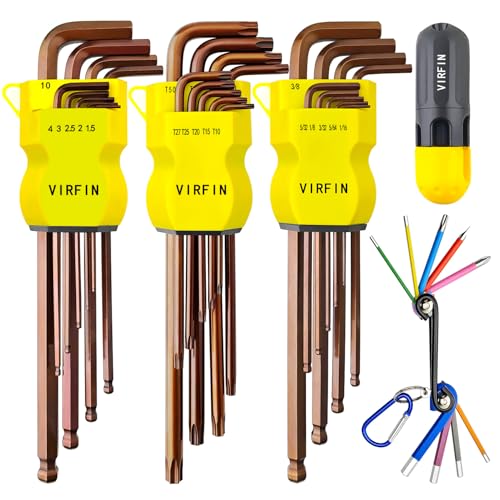 Image of VIRFIN 36pcs Hex Key Set, Extra Long Arm Allen Wrench Set with Ball End, Ultrahard S2 Steel Allen Key Set, SAE(1 /16 inch-3 /8 inch) and Metric(1.5mm-10mm) Hex Key Set, Torx Star(T10-T50)